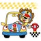 Cartoon of lion on funny race car reach a trophy