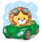 Cartoon Lion in glasses goes on a green car