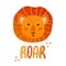 Cartoon lion head and Roar lettering. Design of a kids card, poster for decor of a nursery