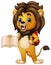 Cartoon lion holding a book with backpack