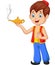 Cartoon little Aladdin holding his magic lamp