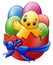 Cartoon little baby chicken with colored eggs in the red broken eggshell