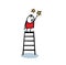 Cartoon little boy climbed up the stairs and reached for the stars. Vector illustration stickman believes in his dream.