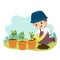 Cartoon of a little boy doing gardening. Kids doing housework chores at home concept