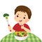Cartoon of a little boy eating fresh vegetable salad and showing thumb up sign