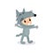 Cartoon little boy or girl in gray wolf costume. Halloween jumpsuit for children s party. Isolated flat vector design