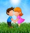 Cartoon little boy and girl kissing in the grass on a background of bright sunshine