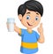 Cartoon little boy with a glass of milk giving thumb up