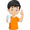 Cartoon little boy with a glass of milk giving thumb up