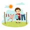 Cartoon of a little boy hanging the laundry on the backyard. Kids doing housework chores at home concept