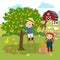 Cartoon of little boy and little girl picking oranges in the farm