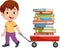 Cartoon little boy pulling wagon cart with pile of books