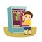 Cartoon of a little boy putting stack of folded clothes in closet. Kids doing housework chores at home concept