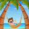 Cartoon little boy relaxing on hammock beach with a drinking cocktail