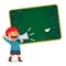 Cartoon of a little boy screaming with megaphone, pointing index finger up with blackboard background