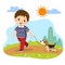 Cartoon of a little boy taking his dog for a walk outdoors in nature. Kids doing housework chores at home