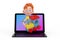 Cartoon Little Boy Teen Person Character Mascot with Colorful Children Wooden Toy Locomotive Train Invites to Play Through Laptop