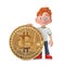 Cartoon Little Boy Teen Person Character Mascot with Digital and Cryptocurrency Golden Bitcoin Coin. 3d Rendering