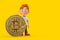 Cartoon Little Boy Teen Person Character Mascot with Digital and Cryptocurrency Golden Bitcoin Coin. 3d Rendering