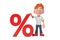 Cartoon Little Boy Teen Person Character Mascot with Red Retail Percent Sale or Discount Sign. 3d Rendering