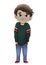 Cartoon little character in full growth without background keeps hands in his pockets, cute teen in green sweater with long sleeve