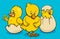 Cartoon little chickens hatching from eggs