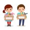 Cartoon of little children girl and boy holding donation box with clothes and toys