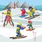 Cartoon little children learning to skiing in mountains