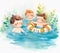 Cartoon little children swimming in the river. Watercolor painting. Happy kids illustration. Generative AI