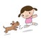 Cartoon little cute girl in pink dress runs away from the dog barking