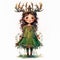 Cartoon little druid girl in a green dress with deer antlers on her head. Watercolor illustration, isolated on white. Generative