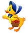 Cartoon little duck carrying flowers in a basket with wearing blue hat and bow tie