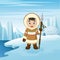 Cartoon little eskimo kid of north pole background