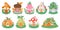 Cartoon little fantasy houses for fairies, elves, gnomes or dwarfs. Mushroom, pumpkin and flower cute fairytale homes in