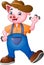 Cartoon little farmer pig waving hand