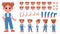 Cartoon little girl character constructor with gestures and emotions. Child mascot side and front view, body parts for