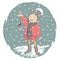 Cartoon little girl child is the first character catches snowflakes.