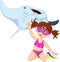 Cartoon little girl diving with stingray