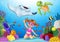 Cartoon little girl diving in underwater tropical sea