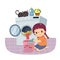 Cartoon of a little girl doing the laundry. Kids doing housework chores at home concept