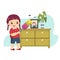 Cartoon of a little girl dusting the cabinet. Kids doing housework chores at home concept