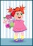 Cartoon little girl with ginger hair wearing pink dress holding flowers