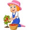Cartoon little girl harvesting tomatoes