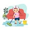 Cartoon of a little girl mopping the floor. Kids doing housework chores at home concept