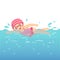 Cartoon of little girl in pink swimsuit swimming in the pool