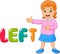 Cartoon little girl pointing to his left with the left word