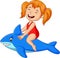 Cartoon little girl riding inflatable shark