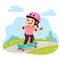 Cartoon of little girl in safety helmets skating skateboard in the park