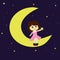 Cartoon Little Girl Sitting On The Moon Raising The Star Vector