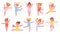 Cartoon little gymnast girls with ribbons, ball and hoop. Kids gymnastics class competition. Gym sport and acrobatics